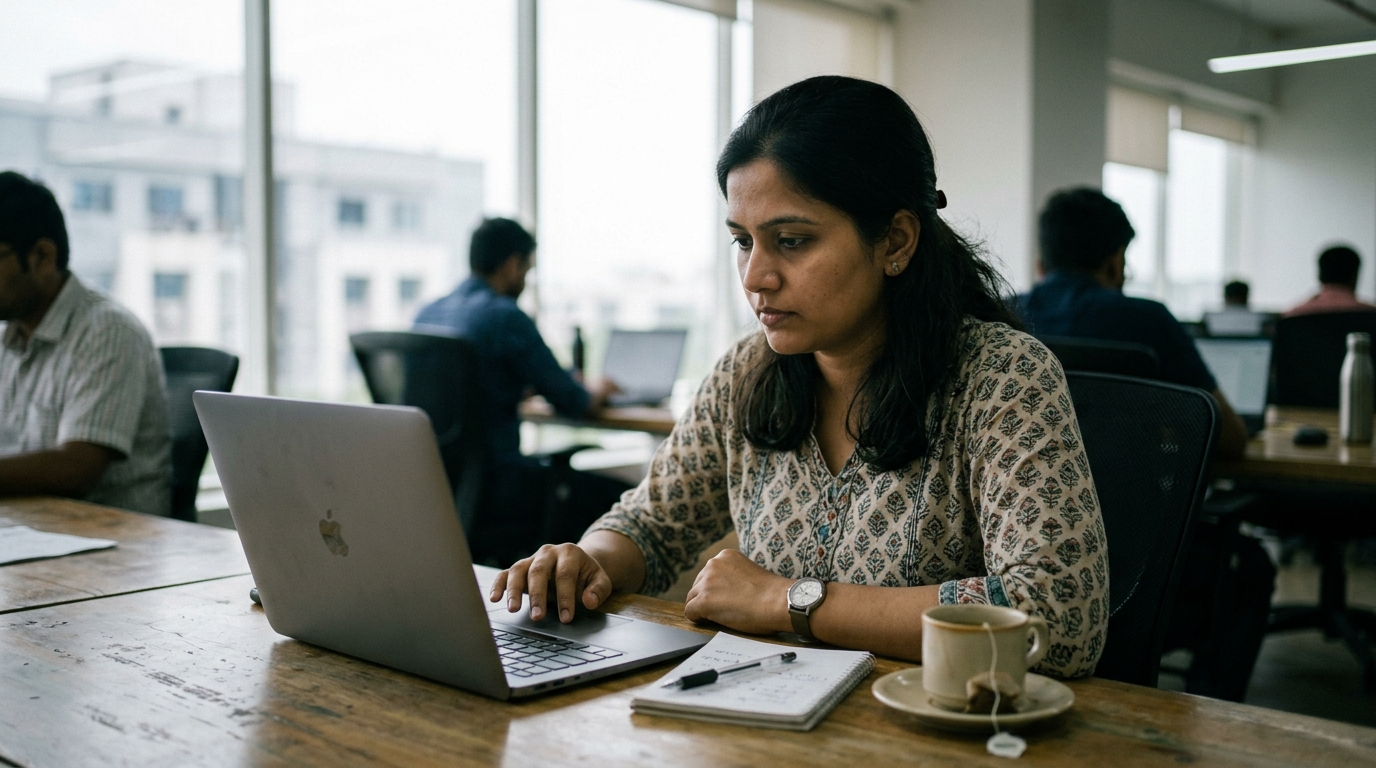 Indian hiring manager reviewing candidate profiles on a laptop in a Pune tech office