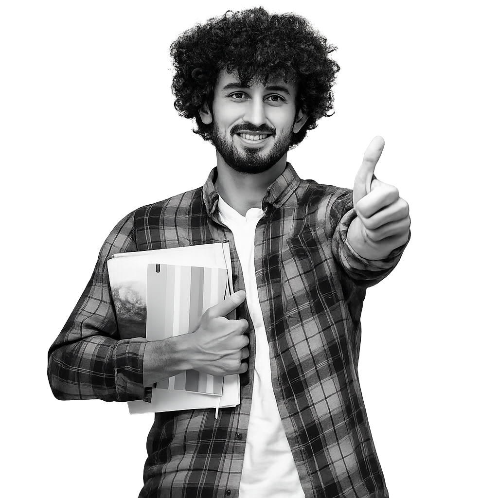 Student giving thumbs up holding books