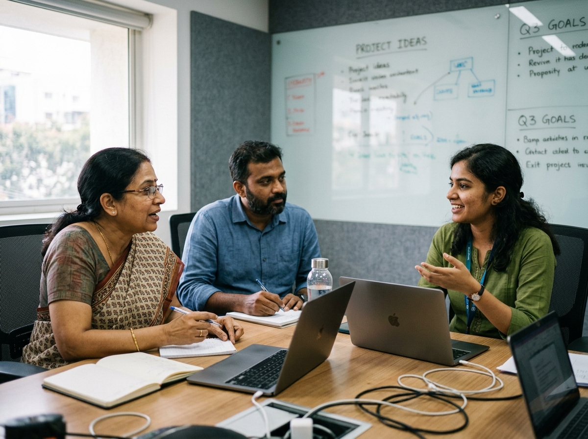Two interviewers and a college student in a meeting room, mid-conversation